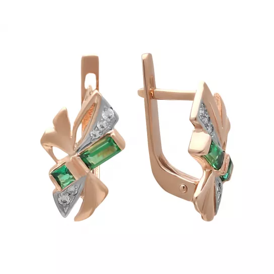 Серьги с фианитом и изумрудом из золота